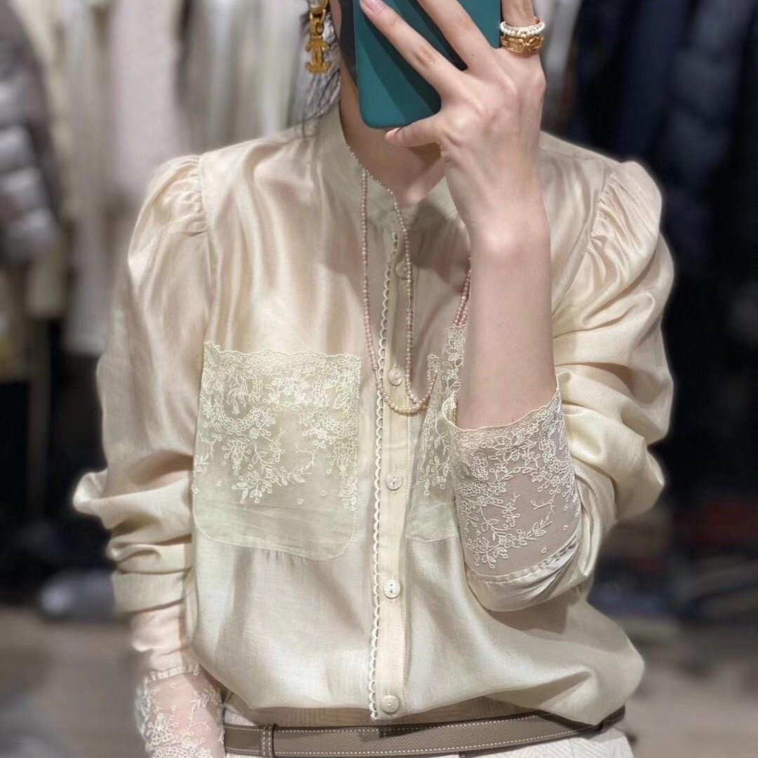 SILK Solid Long Sleeved Basic Button Womens Tops/Shirt